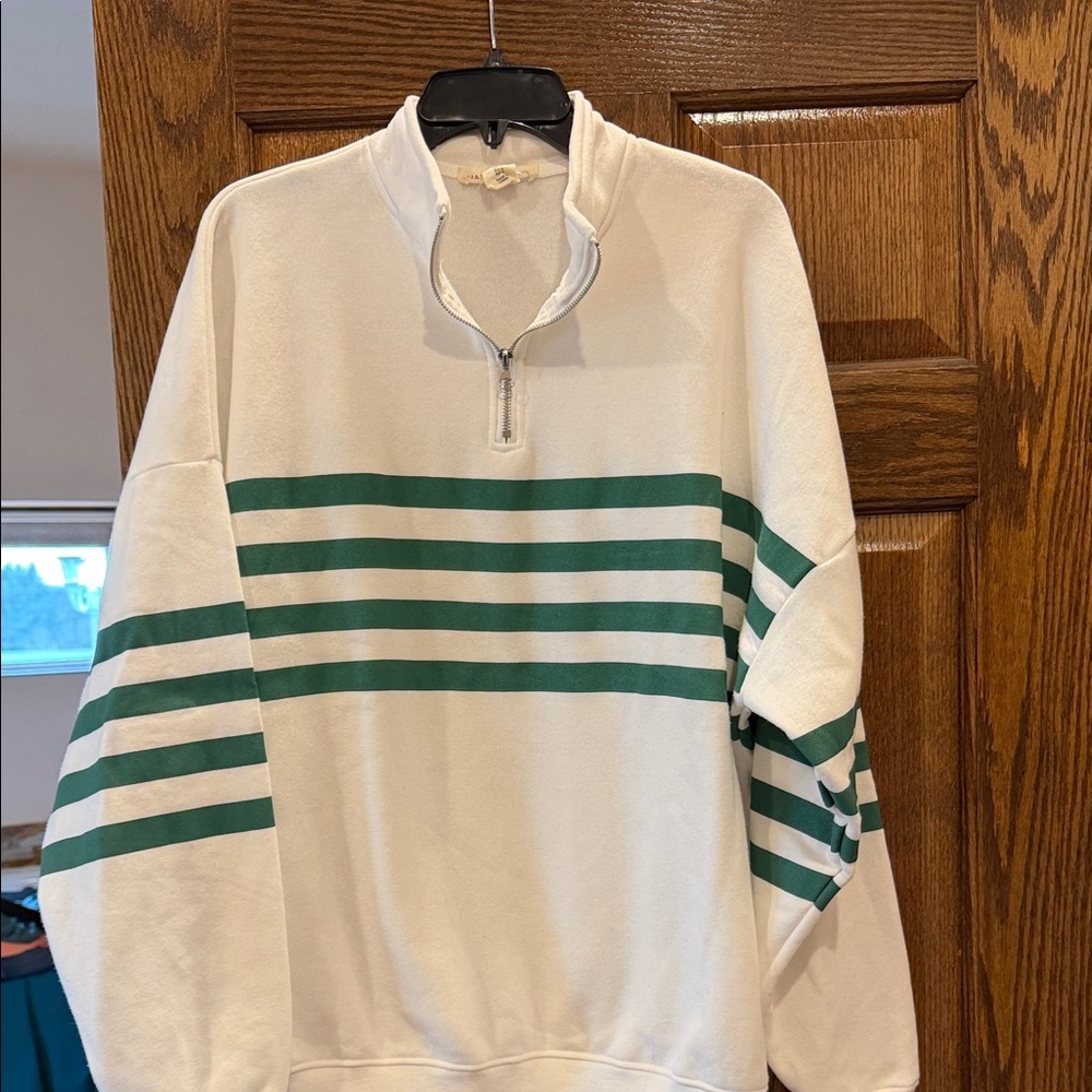 White Quarter-Zip Sweater with Green Stripes